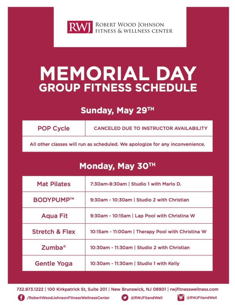 New Brunswick Memorial Day 2016 Group Fitness Schedule
